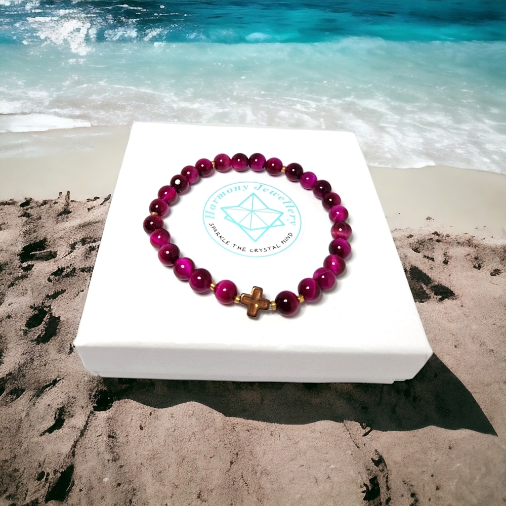 6 mm Pink Tiger Eye with Cross ✝️ charm bracelet